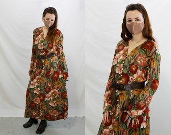 Vintage 1980s/90s Fall Floral Print Long Sleeve Dress with Button Front, Made in Canada, Size Large, Bust 40 in.