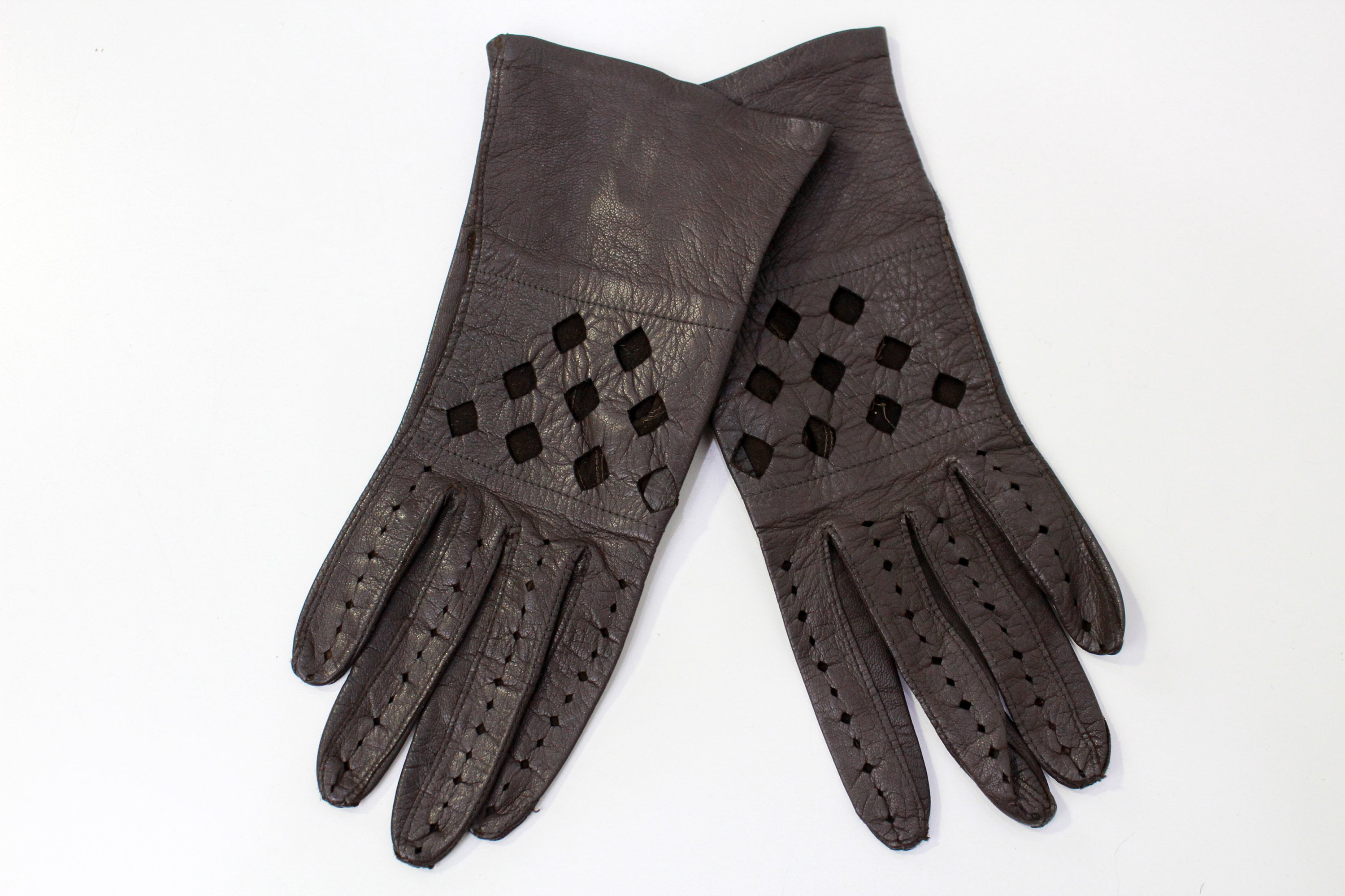 Vintage Driving Gloves Women's, Brown Leather, Perforated and Diamond Cut Outs, Ladie's Gloves