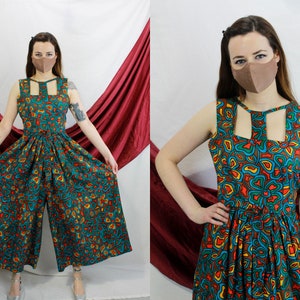 Vintage 70s Palazzo Jumpsuit,  Small B32", Psychedelic Abstract Print, Bright Colours, L60s/E70s Wide Leg Maxi, Cut Out Neckline