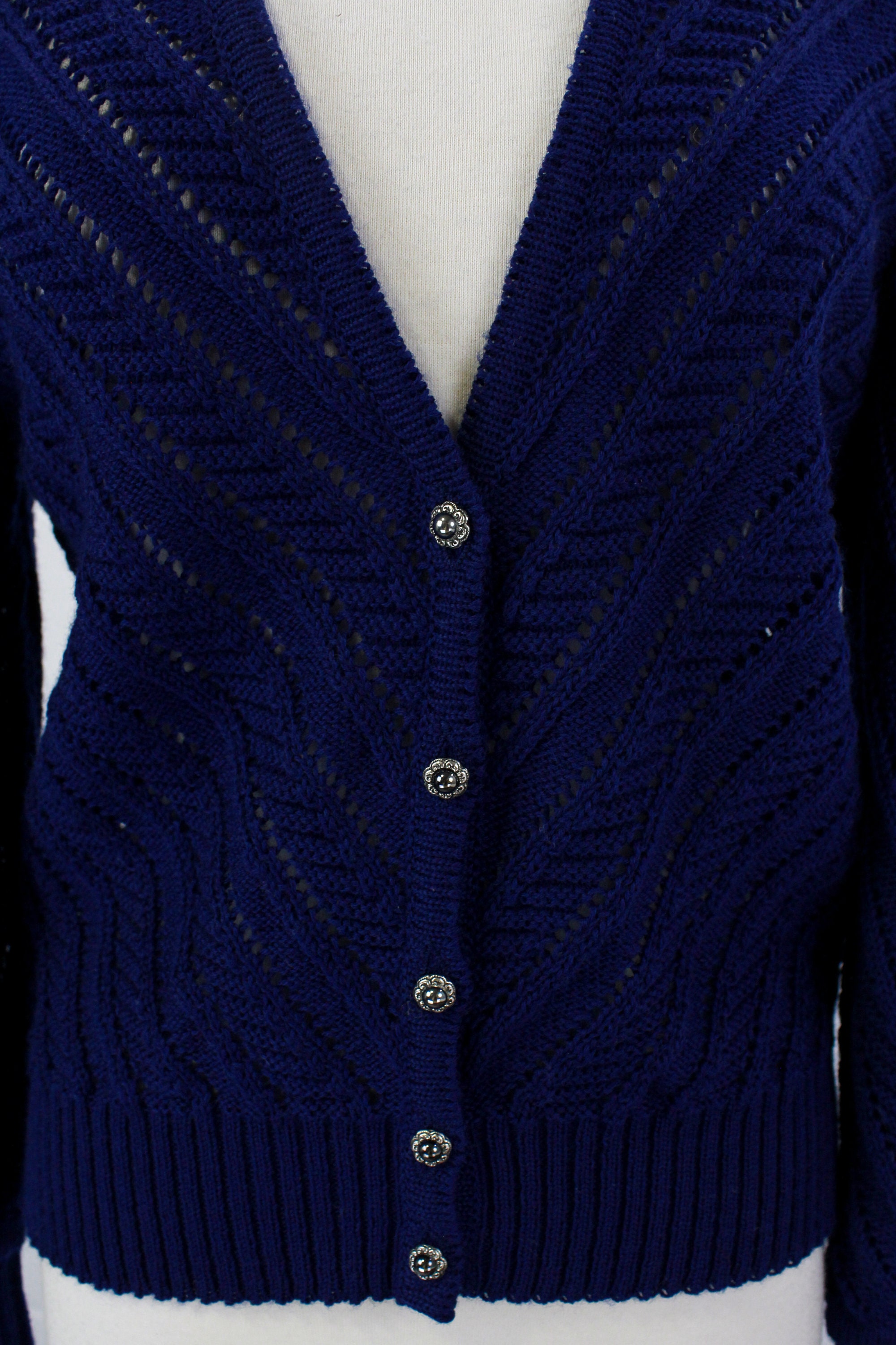 Vintage Austrian Navy Blue Wool Cardigan Trachten Style, Silver