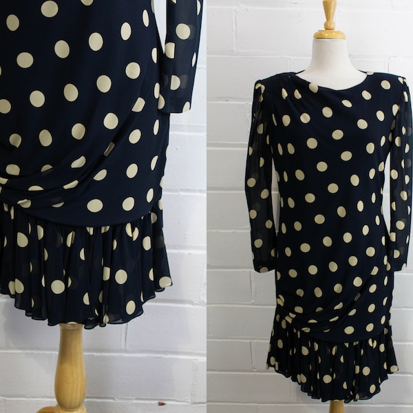 80s Navy Polka Dot Chiffon Dress, Small, Dropwaist Albert Nippon Dress