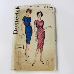 1960s Sheath Dress Sewing Pattern Butterick 8966, Vintage 60s Womens Sewing Pattern, Cut, Bust 32