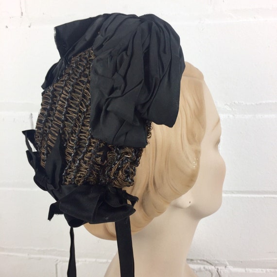 Antique Victorian Black Mourning Bonnet Cap with … - image 1