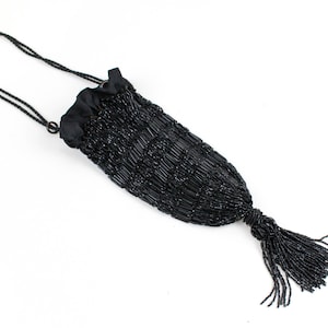 1920s Black Beaded Purse with Tassel, Rope Handle, Antique Reticule Art Deco Pouch