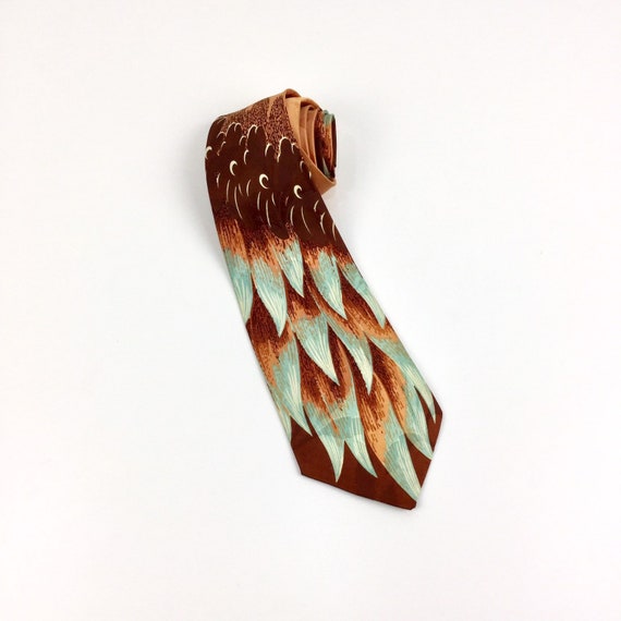 Vintage 40s Brown & Teal Feather Print Rayon Tie,