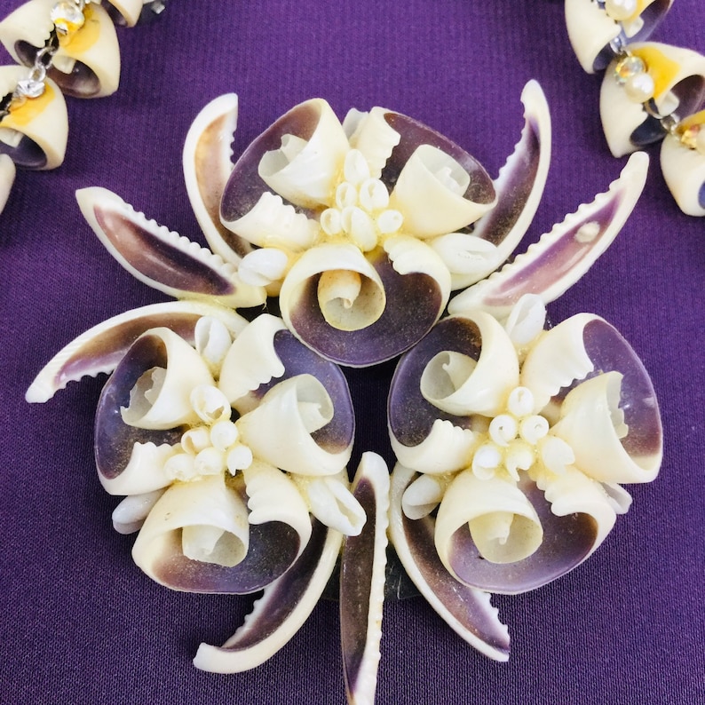 May include: A close-up of a floral brooch made from seashells. The brooch is made of white and purple seashells arranged in a flower shape. The brooch is a beautiful and unique piece of jewelry.