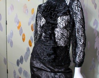 90s Black Lace Ruffle Jabot Collar Blouse, Small