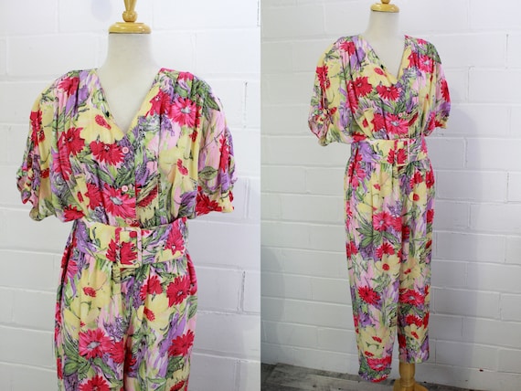 1980s Floral Print Jumpsuit, Vintage Tropical Prin