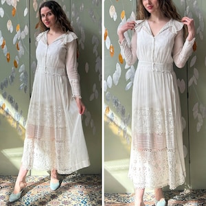 edwardian cotton lawn dress with ruffle collar, loop embroidered trim on sleeves and v neckline, floral embroidered skirt, long sleeves, maxi length, hooks and eyes closure  antique bridal dress