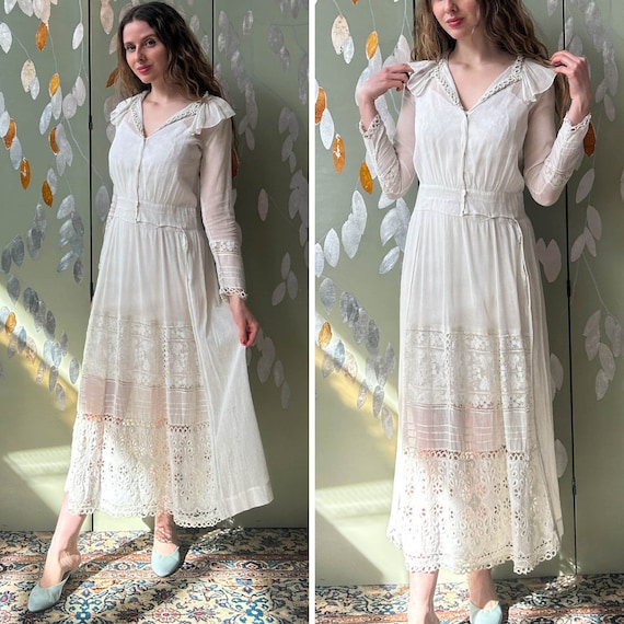 Antique Edwardian White Batiste Cotton Gauze Lawn Dress with Ruffle Collar, Long Sleeves, Lace and Embroidery, Boho Wedding Dress, Bust 34"