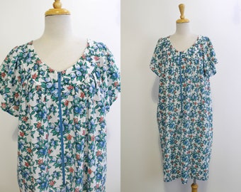 Robe de nuit Blueberry Print des années 1980 / Kaftan, Large, VIntage 80s Light Cotton Dress, Manches courtes, Zippered Front
