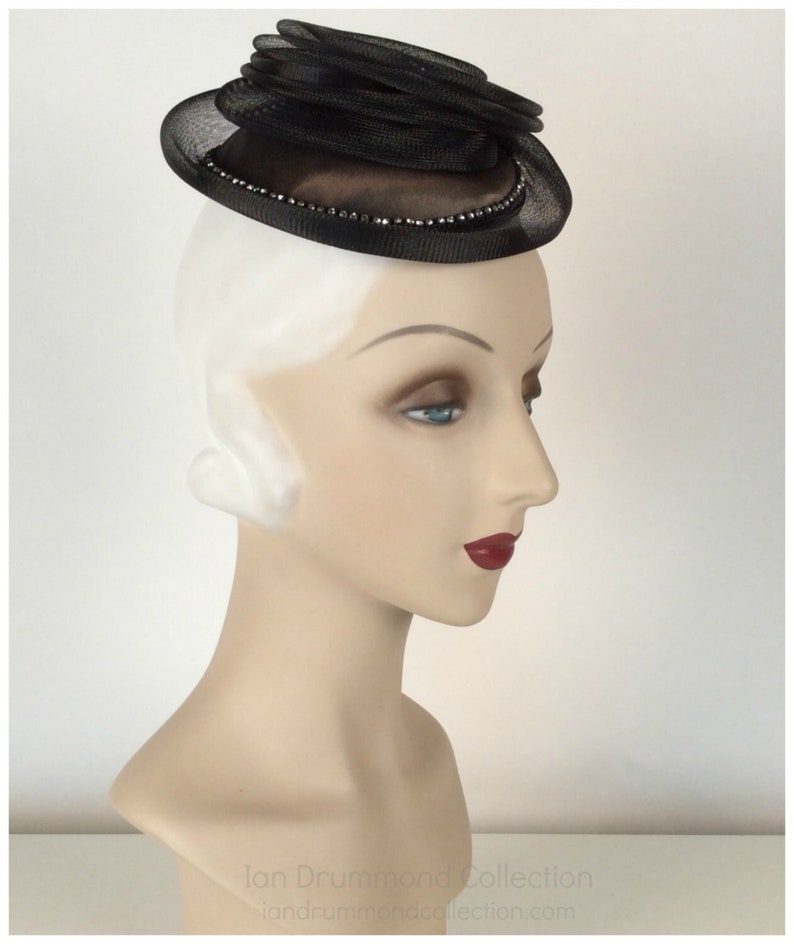 1980s Womens Hat, Vintage Black Rhinestone Fascinator Hat, Cocktail Party Hat, 80s Formal Accessories, Womens Derby Hats, Prom Hair Ideas image 1