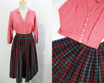 50s Plaid Full Skirt, 1950s Circle Skirt, Pleated Cotton High Waisted Skirt, XS Waist 24 in.