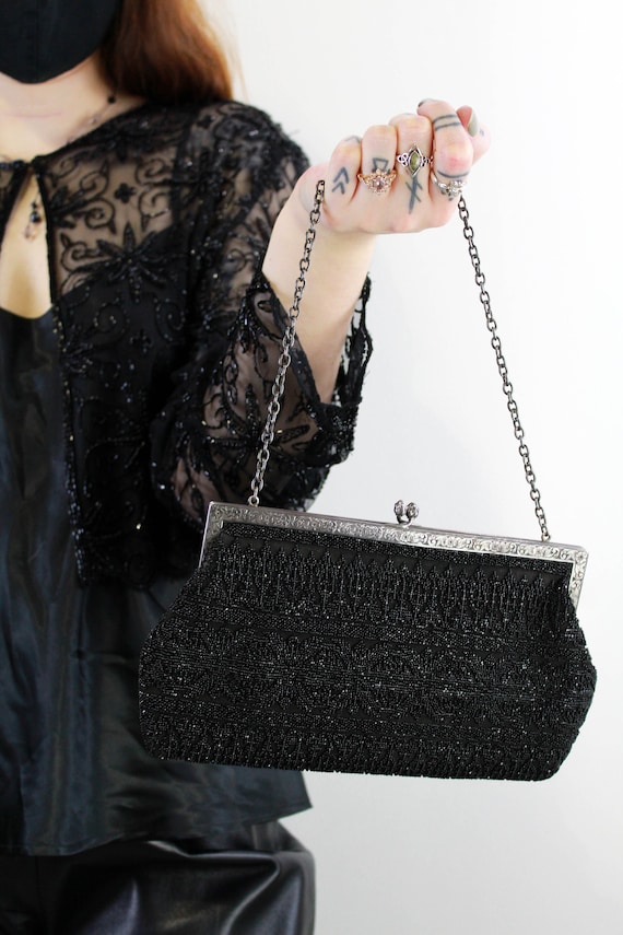 1950s Purse, Black Glass Beaded Evening Bag with … - image 1