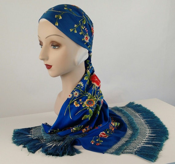 1920s Fringed Silk Piano Shawl, Blue Embroidered … - image 1