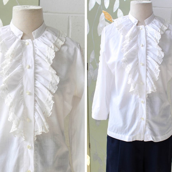 60s/70s White Ruffle Jabot Blouse, Small, Romantic Vintage Blouse