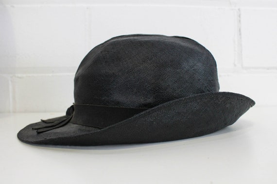 1930s Black Straw Hat, Asymmetrical Brim, Grosgra… - image 5