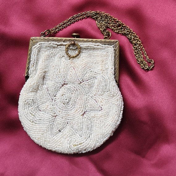 Vintage 1920s White Seed Beaded Evening Purse W/ Sun Motif 