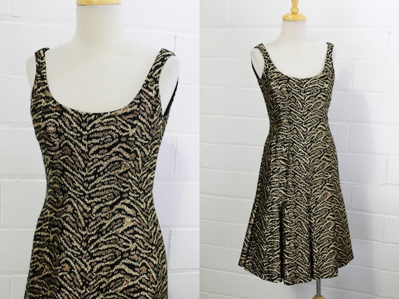 Vintage 60s Mollie Parnis Animal Print Metallic Dress, Womens Sleeveless Gold Lurex Tiger Print Cocktail Dress, B34, W28, Evening Dress