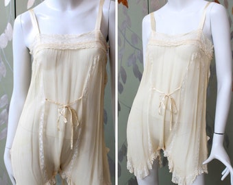 1920s Cream Silk Step-In, Small, Lace Insets, Lace Ruffle Hems, Antique Flapper Lingerie