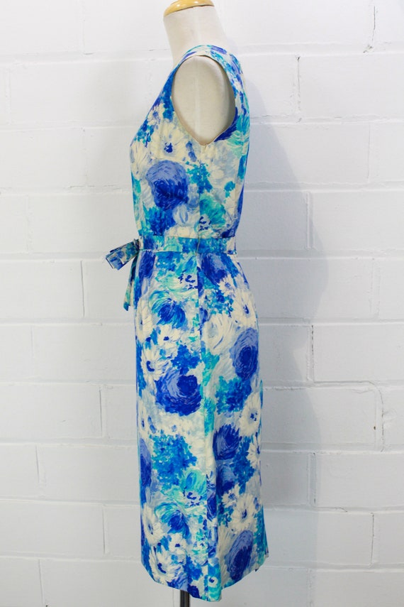 60s Silk Dress Blue Floral Print, 1960s Vintage P… - image 7