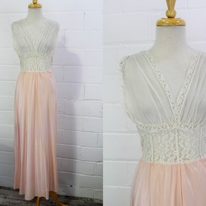 1950s Pink Nightgown with Sheer Ribbed Lace Bodice and Self Belt, Small, Vintage Slip Dress Lounge Dress, 1950s Fantasy Lingerie Ltd