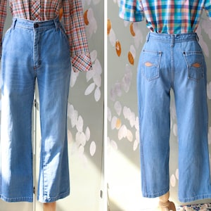 1970s Flared Jeans, 30&quot; Waist, Vintage Light Wash Denim High Waisted 100% Cotton Jeans