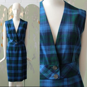 1960s Matching Set, Blue and Green Plaid, Vintage Vest and Skirt Set, Mod Fashion, XS, Fall Plaid Set