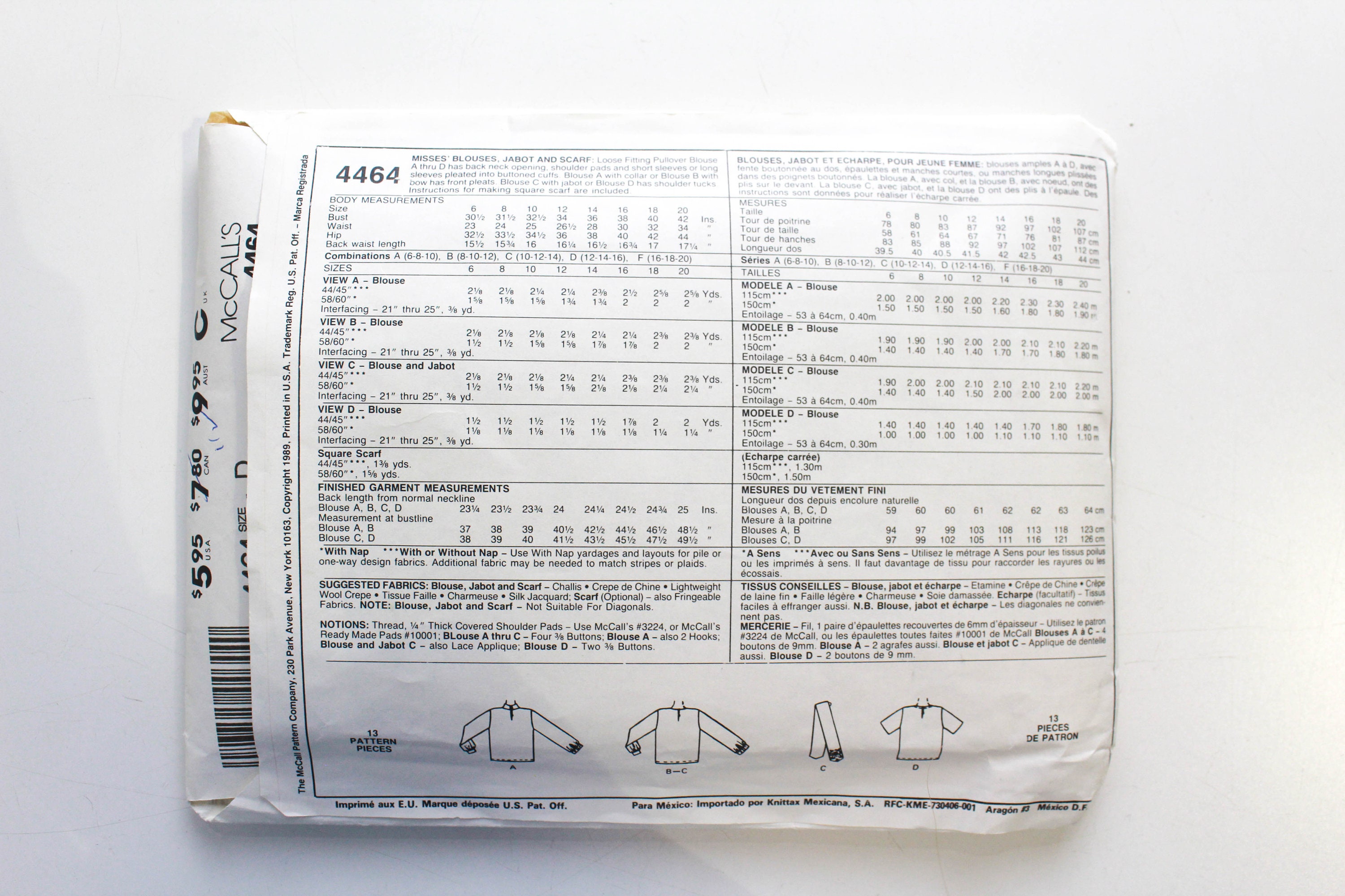 80s Womens Blouse/jabot/scarf Sewing Pattern Mccall's 4464