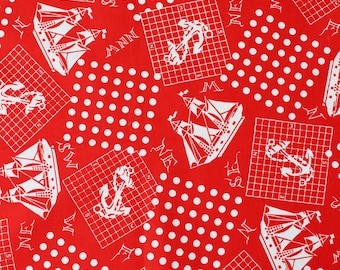 1980s Red And White Sailboat/Anchor Nautical Cotton Vintage Print Fabric, 4 Yards