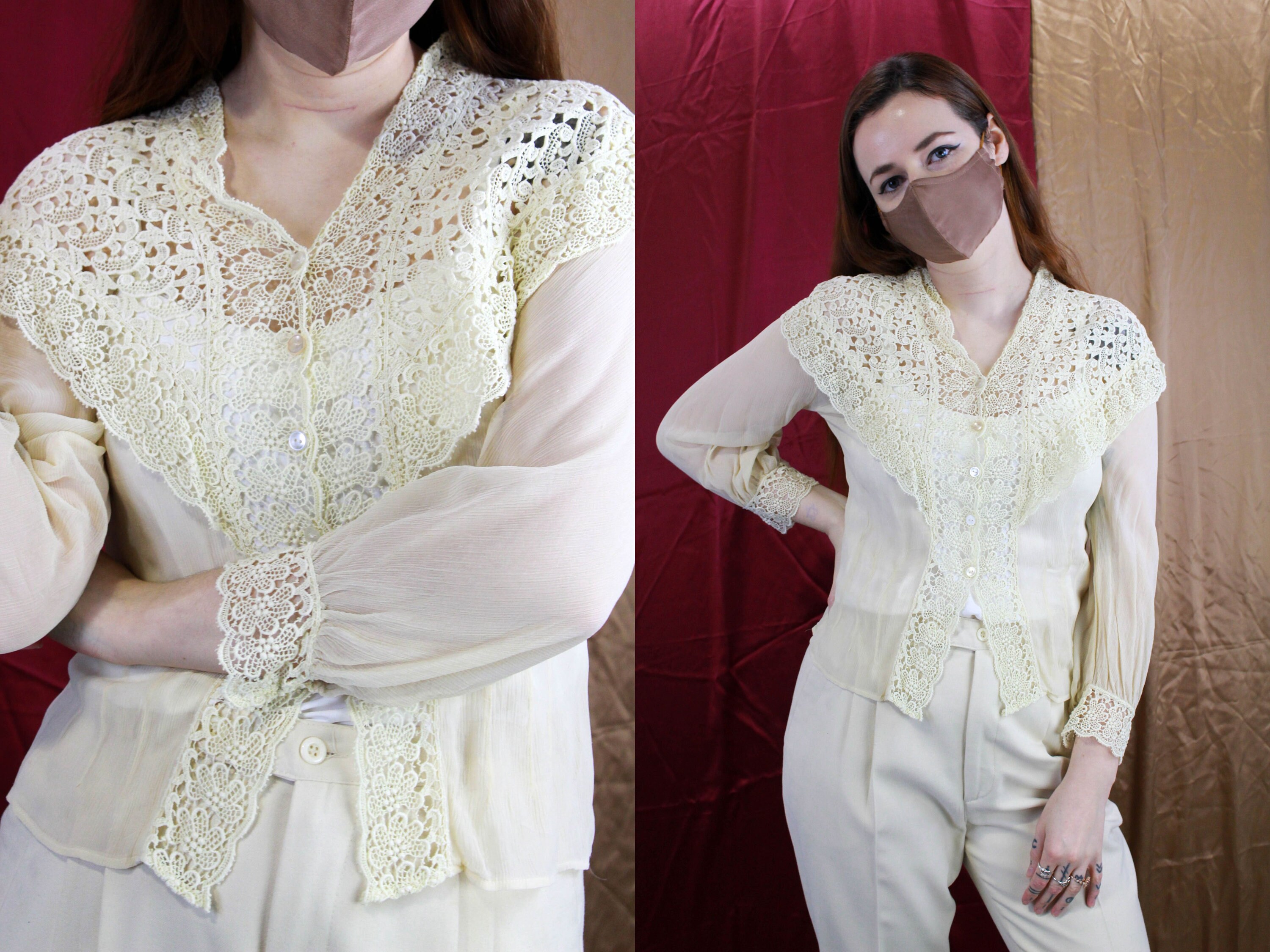 Vintage Lace Collared Blouse Cream Sheer 1950s 60s Blouse - Etsy 制服 BLOUSE COLLAR BIG SHEER Tシャツ/カットソー(半袖/袖なし)