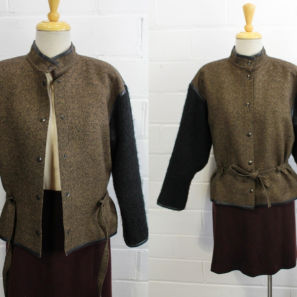 80s Guy Laroche Coat, Medium, Vintage Guy Laroche Brown Tweed Wool Snap Front Cropped Jacket