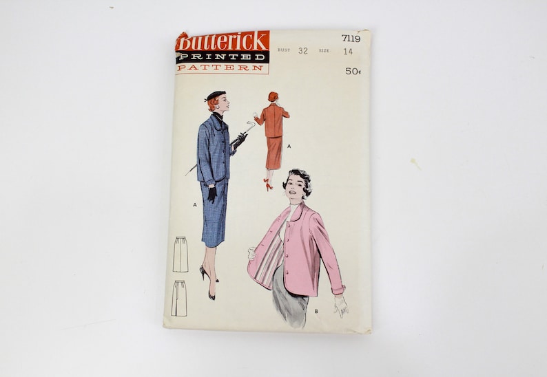 1950s Women/'s Box Suit Sewing Pattern Butterick 7119 Vintage Skirt Suit Sewing Pattern Complete