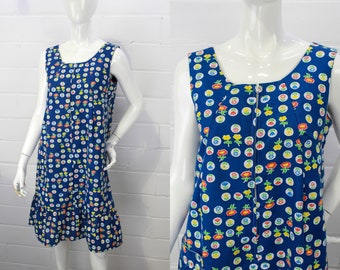 1960s Blue Floral Summer Cotton Dress, Medium, Shift Style with Ruffle Hem, Single Pocket, Zippered Front, Vintage 60s Sleeveless Dress