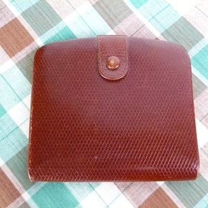 Vintage 80s Brown Leather Wallet, Spanish Leather Wallet, Diamond Embossed Snap Closure Wallet with Gold Metal Frame, 4 x 3.75", Coin Purse