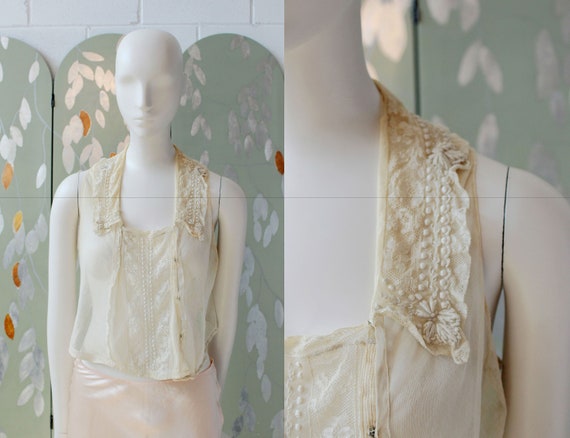 Early 1900s-1910s Sheer Silk Net Embroidered Lace Collar Blouse 
