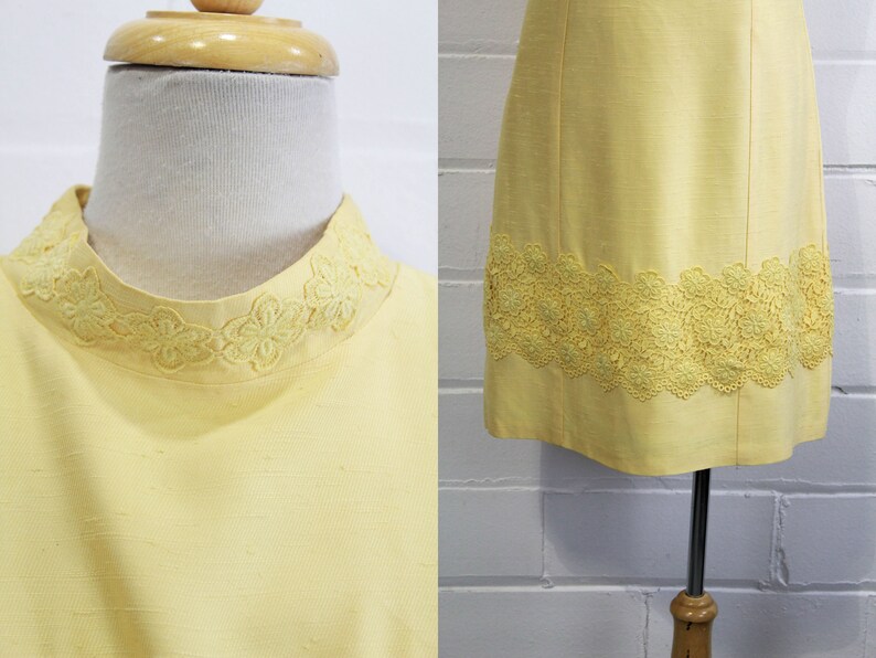 1960s yellow dress and jacket set vintage alfred werber mock neck and hem close up