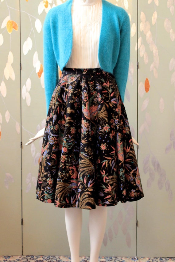 Vintage 1950s Felt Novelty Print Peacock Circle Skirt, Koret of 