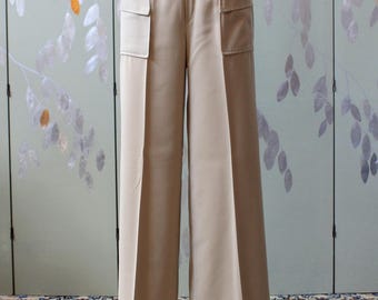 1970s Beige Wide Leg Pants With Large Pockets, XS