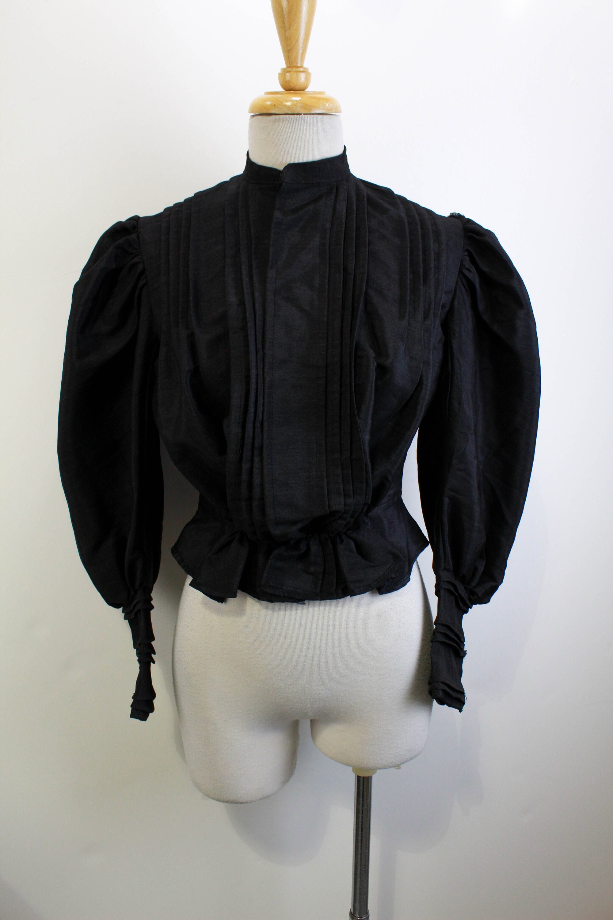 Victorian Black Linen Bodice, Puff Sleeves, Antique Historical Costume,  1900s Women's Top, Pleated Front 