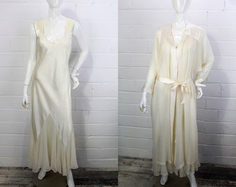 Vintage Silk Charmeuse Dressing Gown with Matching Sheer Silk Chiffon Robe, Bridal Robe, Cross Strap Low Back, Wedding Dress