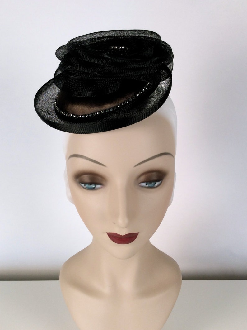 1980s Womens Hat, Vintage Black Rhinestone Fascinator Hat, Cocktail Party Hat, 80s Formal Accessories, Womens Derby Hats, Prom Hair Ideas image 3