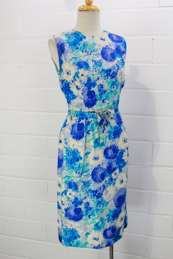 60s Silk Dress Blue Floral Print, 1960s Vintage P… - image 3