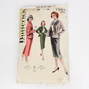 1950s Skirt and Jacket Sewing Pattern Butterick 7901, Vintage Sewing Pattern, Complete, Bust 36 in.
