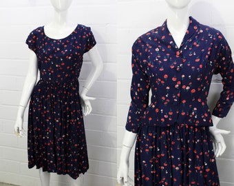 1950s Jacket and Dress Set, Rayon Carnation Flower Print, Navy Blue and Pink, Small, As Is