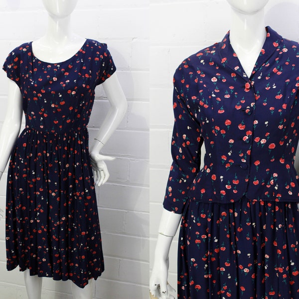 1950s Jacket and Dress Set, Rayon Carnation Flower Print, Navy Blue and Pink, Small, As Is