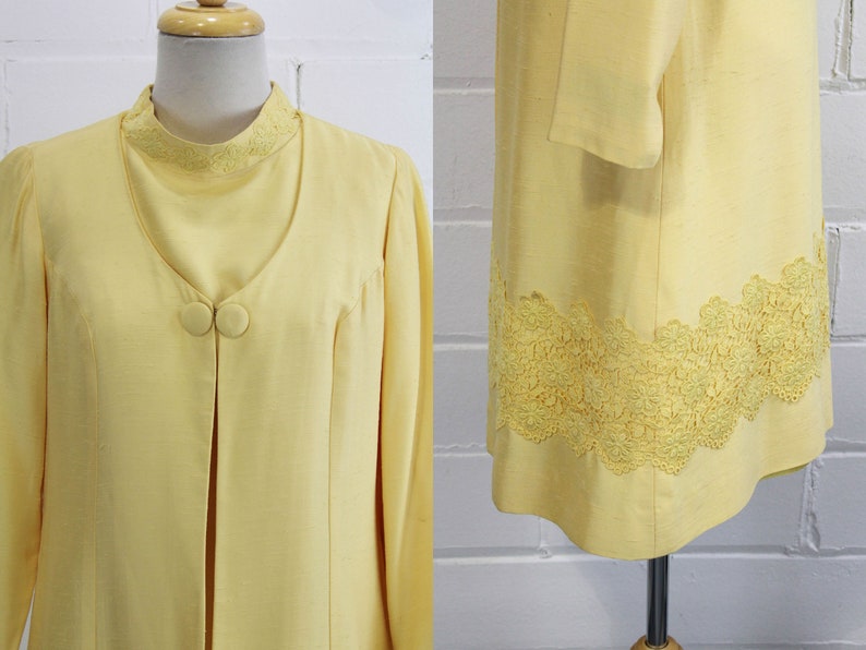1960s yellow dress and jacket set vintage alfred werber jacket buttons close up