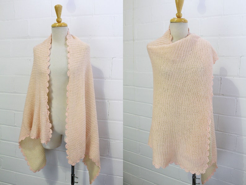 Vintage 20s Pink Wool Baby Blanket, Scarf/Cape, Wool Small Blanket, Hand Knit, Baby Shower Gift For Her, 1920s Metallic Pink Knit Scarf image 1