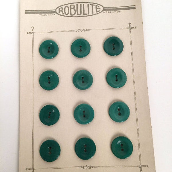 1930s Buttons, Jade Green Early Plastic Buttons on Cards, Set of 12, 3/4" 20 mm Round Two Hole Buttons, New Old Stock, Multiple Sets x 12