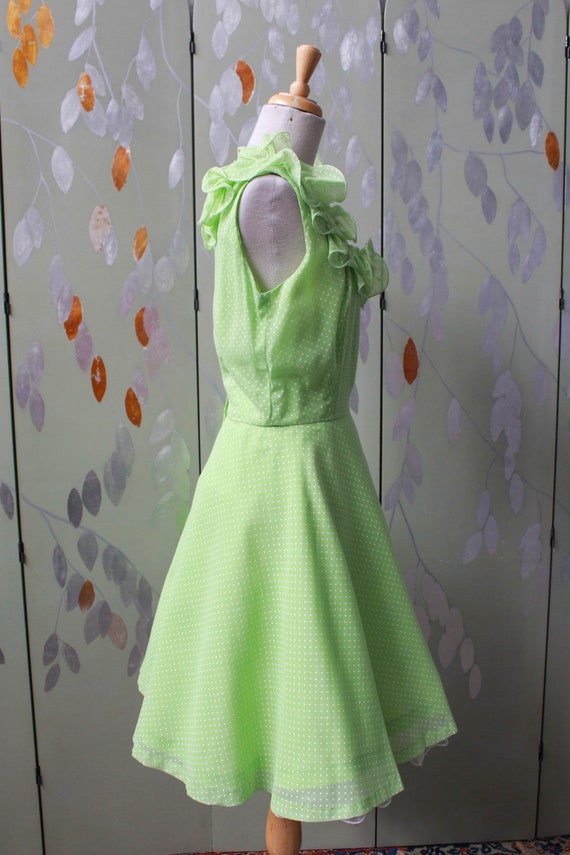 1960s Lime Green Polka Dot Party Dress, Small, Ru… - image 4